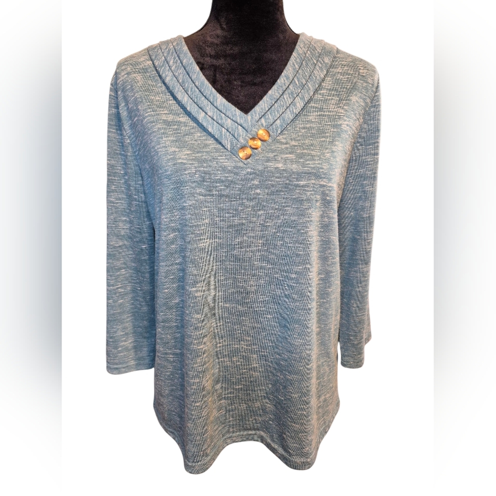Hasting and Smith Teal  V-Neck Knit Blouse with Embellished Buttons